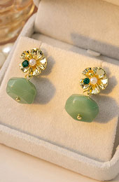 Green Jade Alloy Flower Dangle Drop Earrings