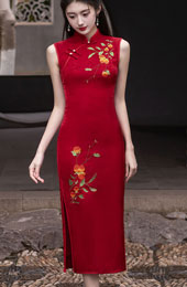 Red Embroidered Persimmon Wedding Cheongsam Qipao Dress