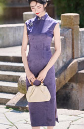 Purple Butterfly Sleeveless Cheongsam Qipao Dress