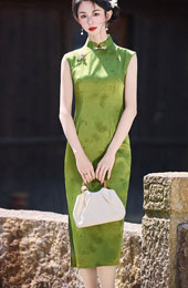 Green Yellow Butterfly Sleeveless Cheongsam Qipao Dress