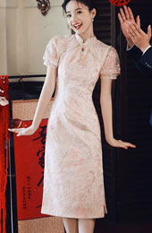 Pink Floral Lace Midi Engagement Cheongsam Qipao Dress
