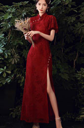 Burgundy Lace Flutter Sleeve Split Qipao Cheongsam Dress