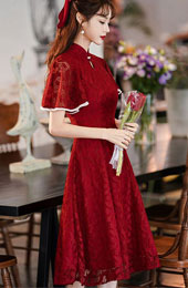 Burgundy Lace Flutter Sleeve A-line Cheongsam Qipao Dress