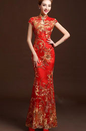 Red Sequined Fishtail Wedding Cheongsam Qipao Dress