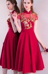 Burgundy A-line Midi Cheongsam Qipao Dress
