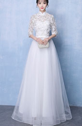 White Tulle Floor Length Wedding Qipao Cheongsam Dress
