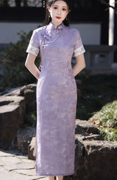 Purple Jacquard Floral Cheongsam Qipao Dress