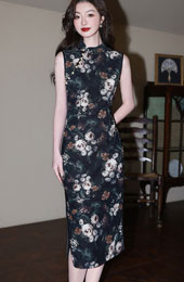 Floral Print Asymmetric Collar Cheongsam Qipao Dress