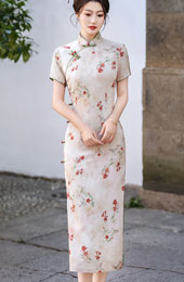 Pink Floral Print Cheongsam Qipao Dress