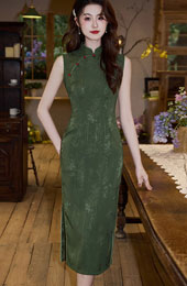 Forest Green Jacquard Cheongsam Qipao Dress