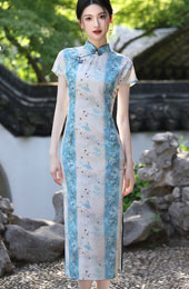 Blue Floral Tencel Linen Cheongsam Qipao Dress