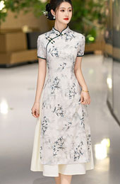 Green Gray Mothers Jacquard A-Line Cheongsam Qipao Dress