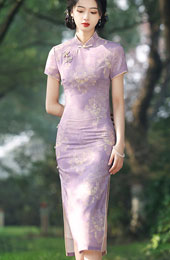 Purple Floral Midi Cheongsam Qipao Dress