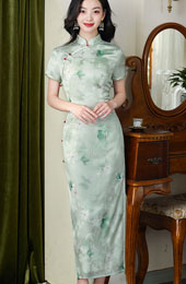 Green Jacquard Floral Cheongsam Qipao Dress