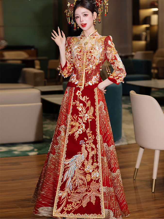 Fanciful Sequins Beads Wedding Bride Qun Kwa Xiuhe