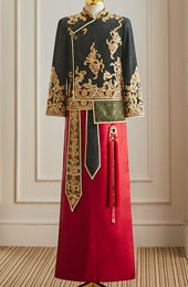 Color Block Sequins Appliques Men Wedding Qun Kwa Jacket & Skirt