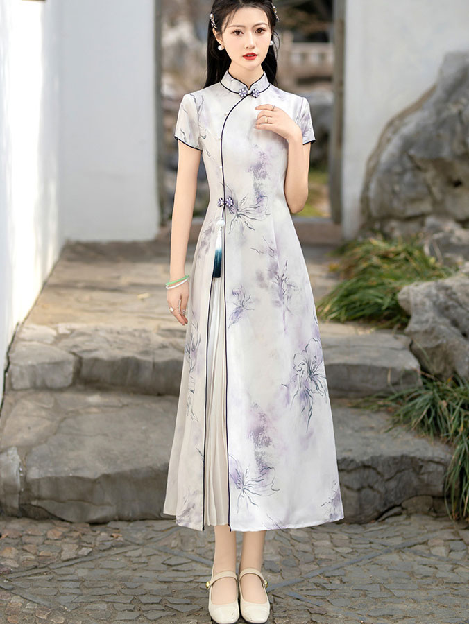 Floral Print A-Line Cheongsam Qipao Dress