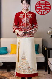 Beads Appliques Dragon Men Wedding Qun Kwa Jacket & Skirt