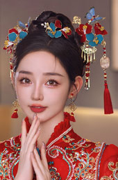 3 Pcs Bridal Red Blue Flower Hairpins Clips & Earrings