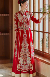 Velvet Beads Appliques Tassels V-Neck Bridal Qun Kwa Xiuhe