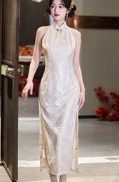 Jacquard Floral Halter Cheongsam Qipao Dress