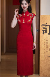 Red Jacquard Appliques Wedding Bridal Cheongsam Qipao Dress