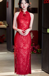 Red Jacquard Halter Wedding Bridal Cheongsam Qipao Dress
