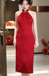 Red Jacquard Halter Midi Bridal Cheongsam Qipao Dress