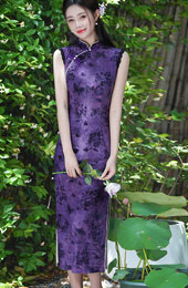 Purple Floral Print Qipao Cheongsam Dress