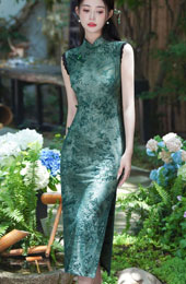 Green Floral Print Sleeveless Qipao Cheongsam Dress