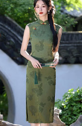 Green Red Jacquard Floral Qipao Cheongsam Dress