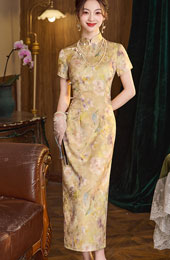 Yellow Floral Print Cheongsam Qipao Dress