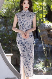 Blue Floral Print Tencel Linen Cheongsam Qipao Dress