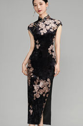 Black Floral Velvet Cheongsam Qipao Dress