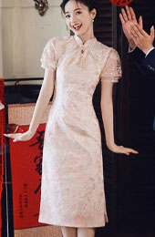 Pink Floral Lace Wedding Bridal Qipao Cheongsam Dress