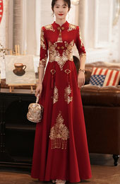 Burgundy Maxi A-Line Wedding Qipao Cheongsam Dress
