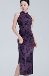 Purple Floral Halter Midi Cheongsam Qipao Dress