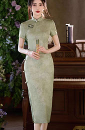 Green Jacquard Midi Cheongsam Qipao Dress