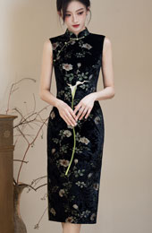 Black Floral Velvet Midi Cheongsam Qipao Dress