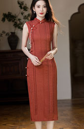 Knitted Strip Midi Cheongsam Qipao Dress