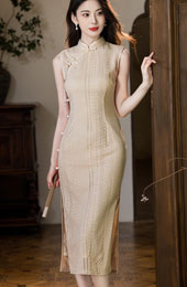 Beige Knitted Strip Midi Cheongsam Qipao Dress