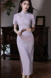 Purple Jacquard Floral Cheongsam Qipao Dress