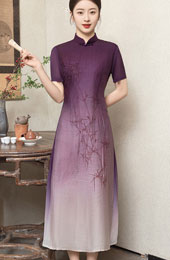 Purple Gray Mothers A-Line Cheongsam Qipao Dress
