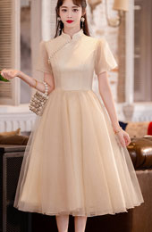 Champagne A-line Midi Cheongsam Qipao Dress