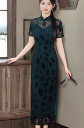 Green Purple Sheer Velvet Qipao Cheongsam Dress
