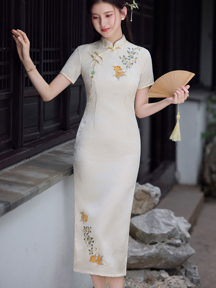 Jacquard Floral Embroidered Cheongsam Qipao Dress
