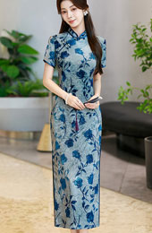 Purple Blue Floral Velvet Cheongsam Qipao Dress