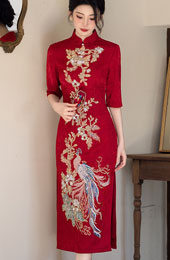 Red Jacquard Sequins Phoenix Wedding Cheongsam Qipao Dress