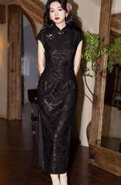 Black Floral Lace Cheongsam Qipao Dress