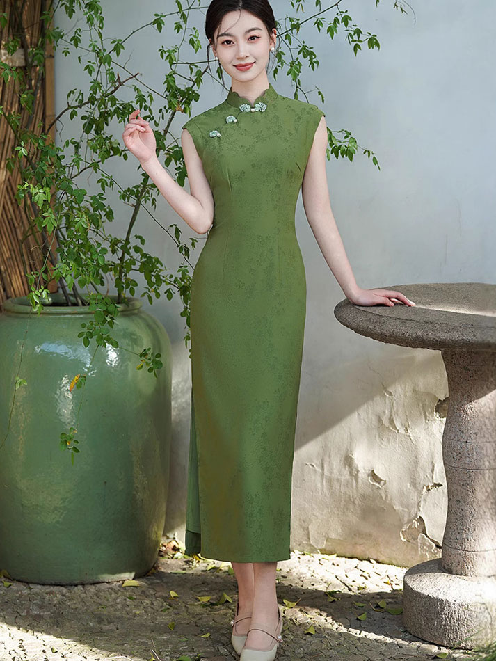 Green Jacquard Floral Maxi Qipao Cheongsam Dress